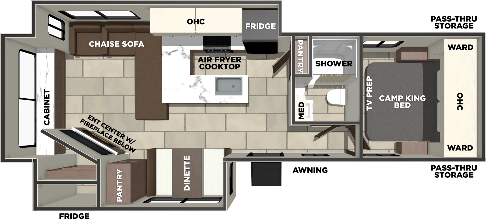 The Tracer 286RL floorplan has one entry and two slide outs. Exterior features include: fiberglass exterior. Interiors features include: front bedroom and rear living.